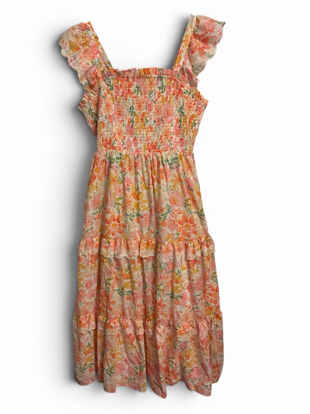 Haute Hippie Style Floral Smocked Tiered Midi Dress Eyelet Lace Ruffle Pink 8